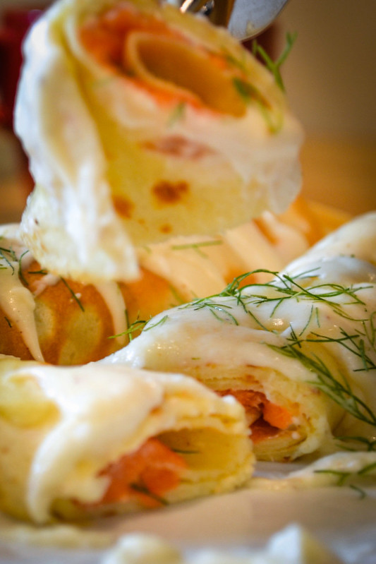 salmon crepe and bechamel sauce